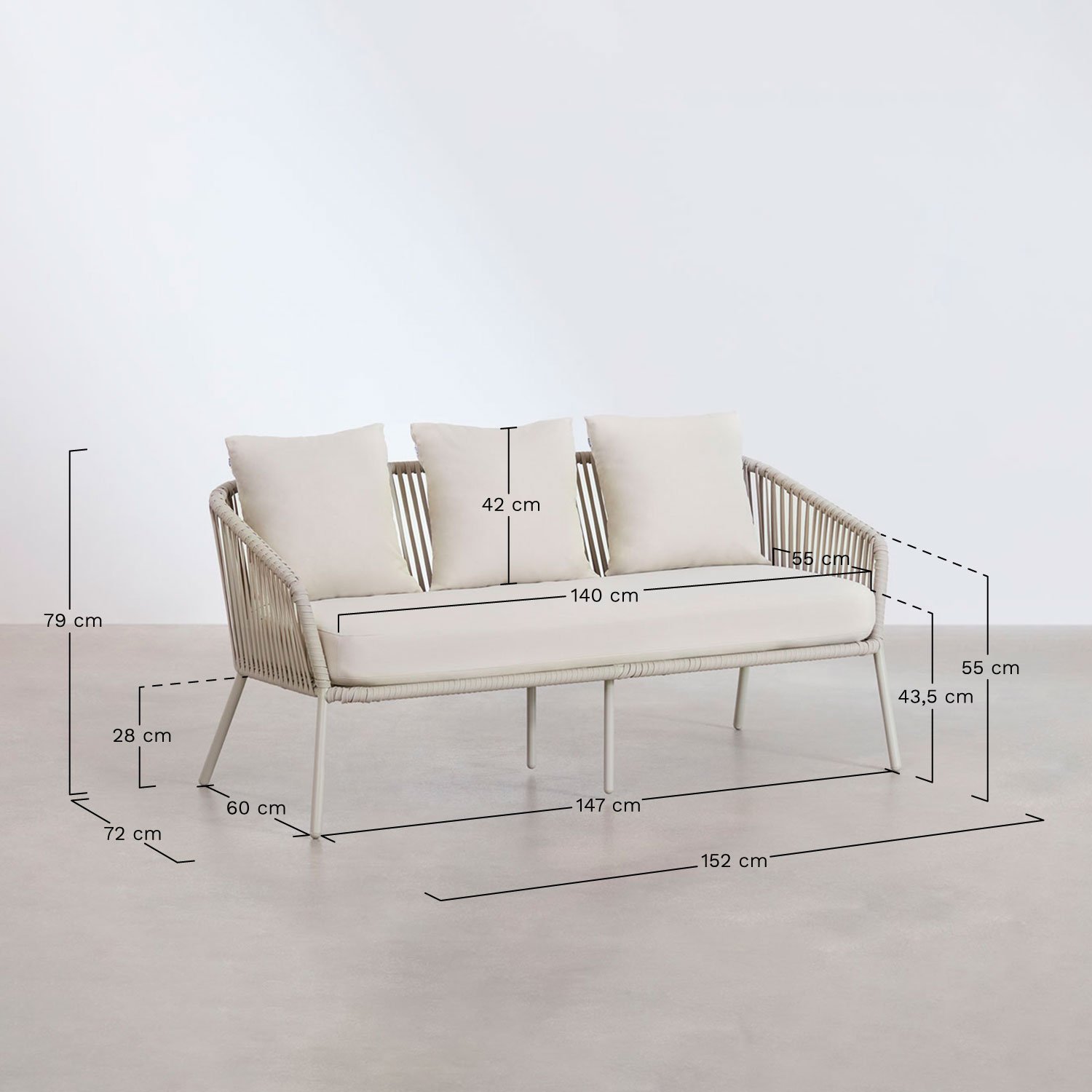 Tuinset met 2-zitsbank, 2 fauteuils en salontafels in aluminium en gevlochten touw Arhiza     , AFMETINGEN
