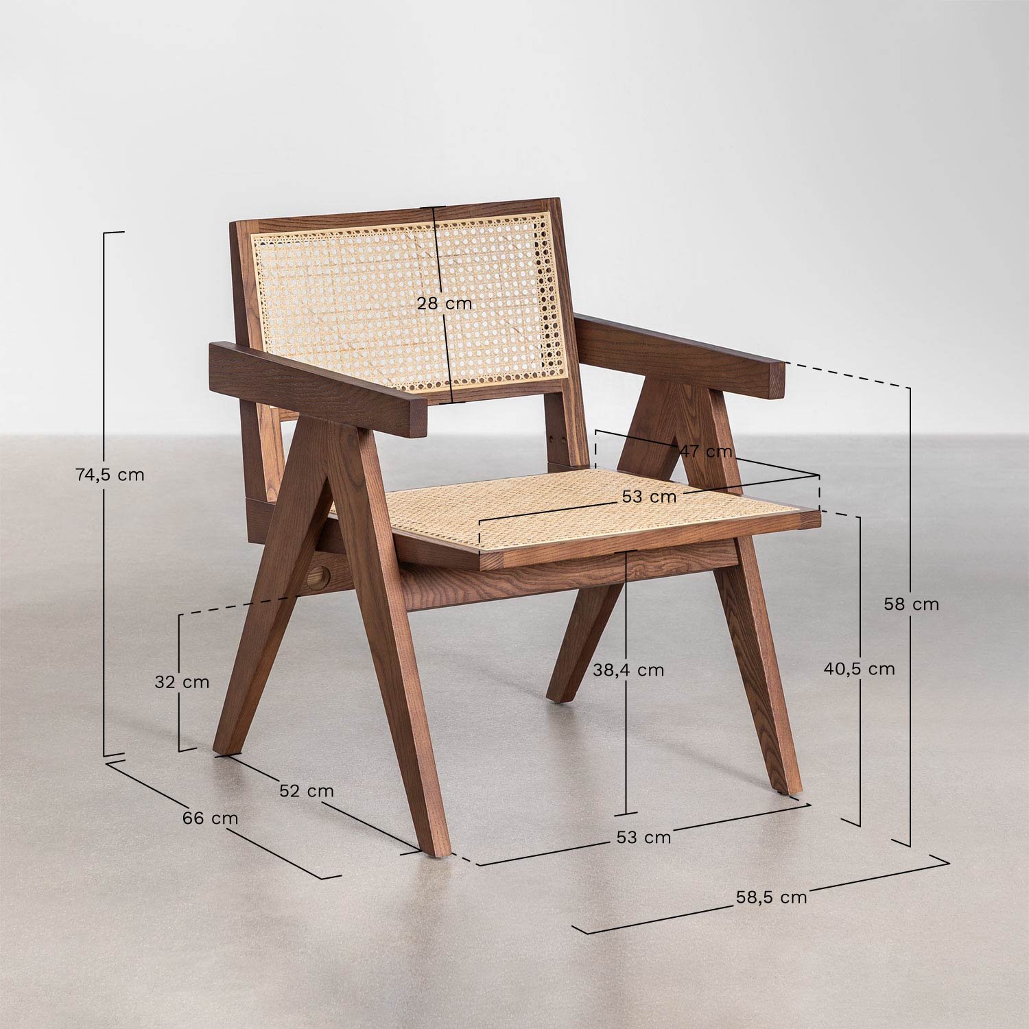 Lali fauteuil met armleuningen in essenhout en rotan                    , AFMETINGEN