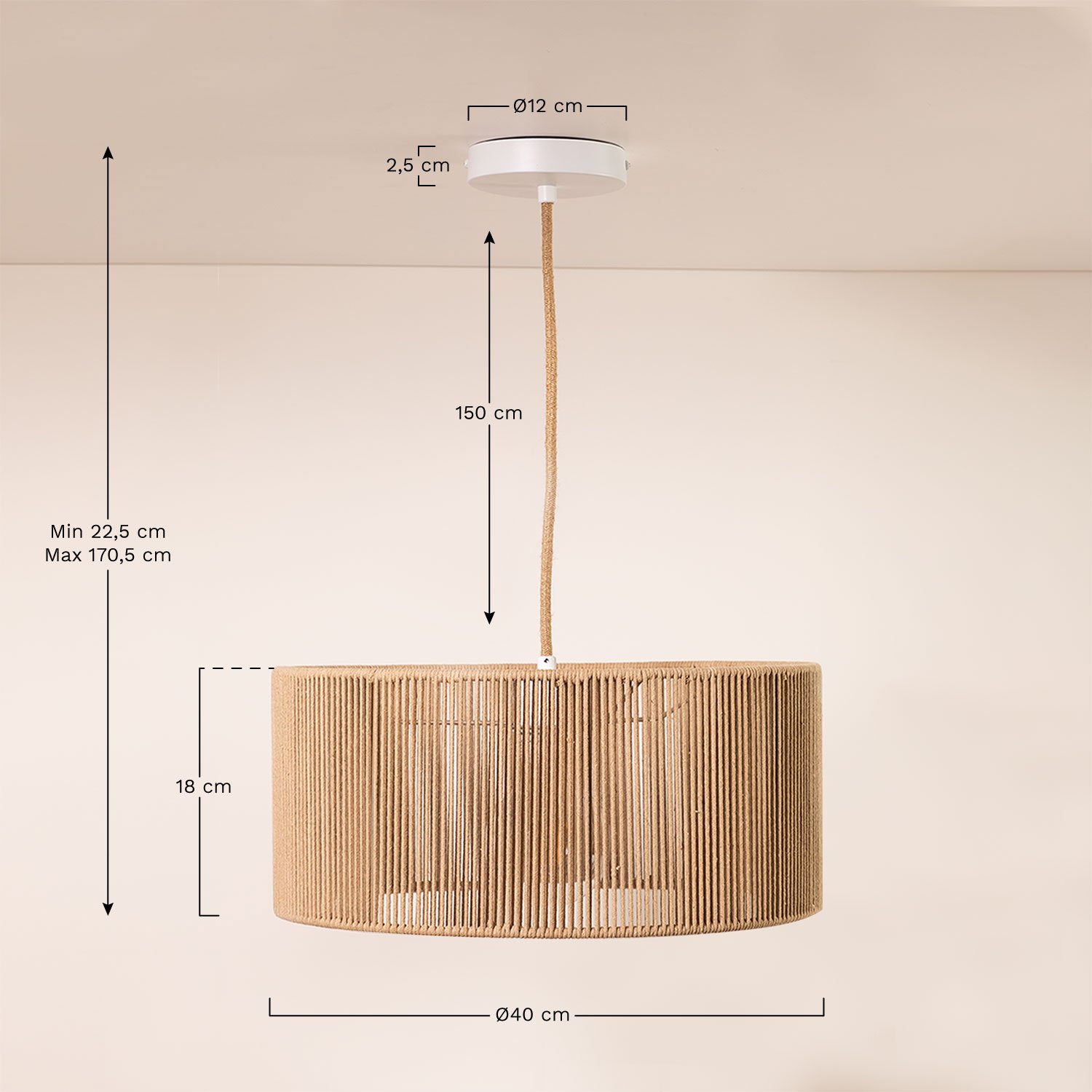 Uillo plafondlamp van nylonkoord, AFMETINGEN