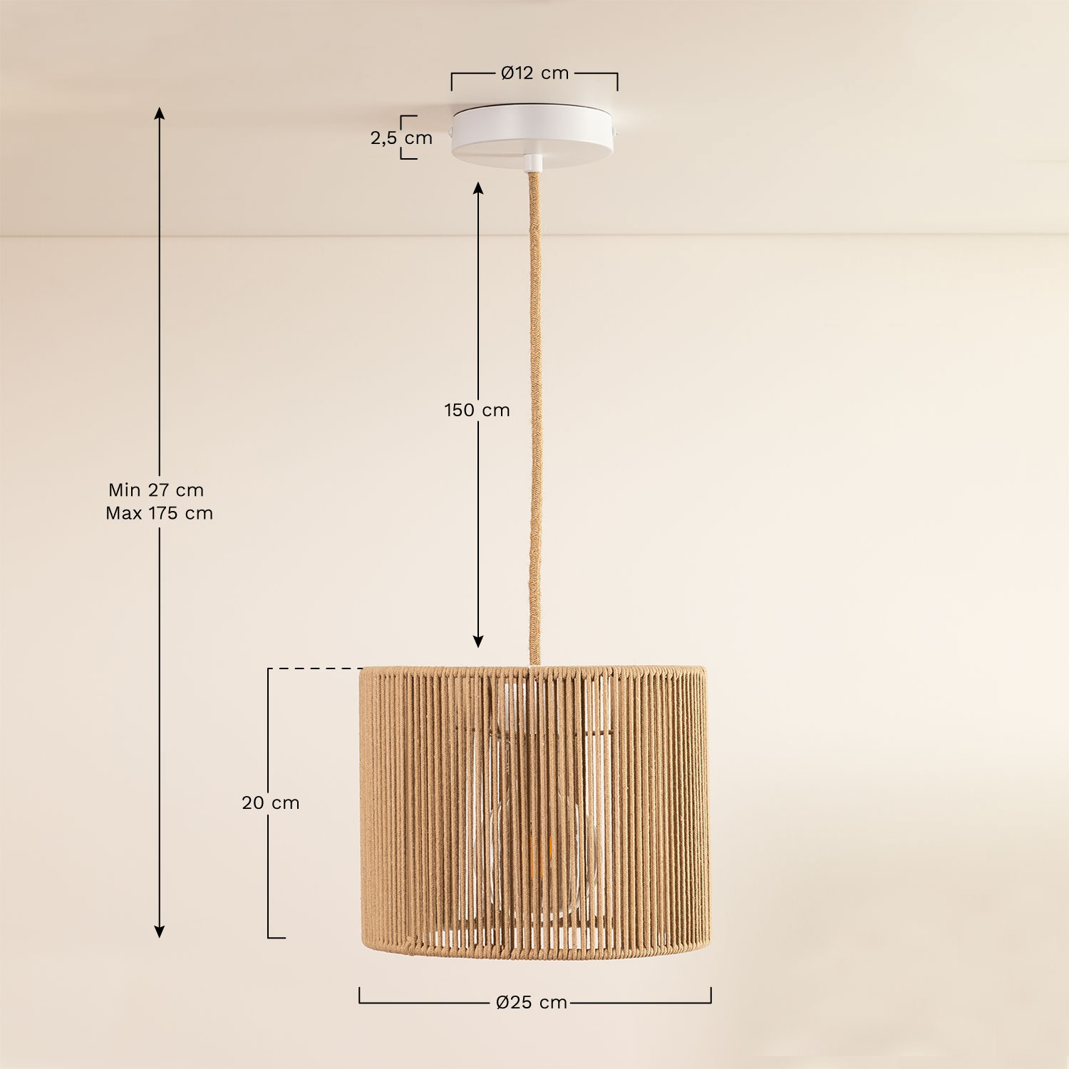 Uillo plafondlamp van nylonkoord, AFMETINGEN
