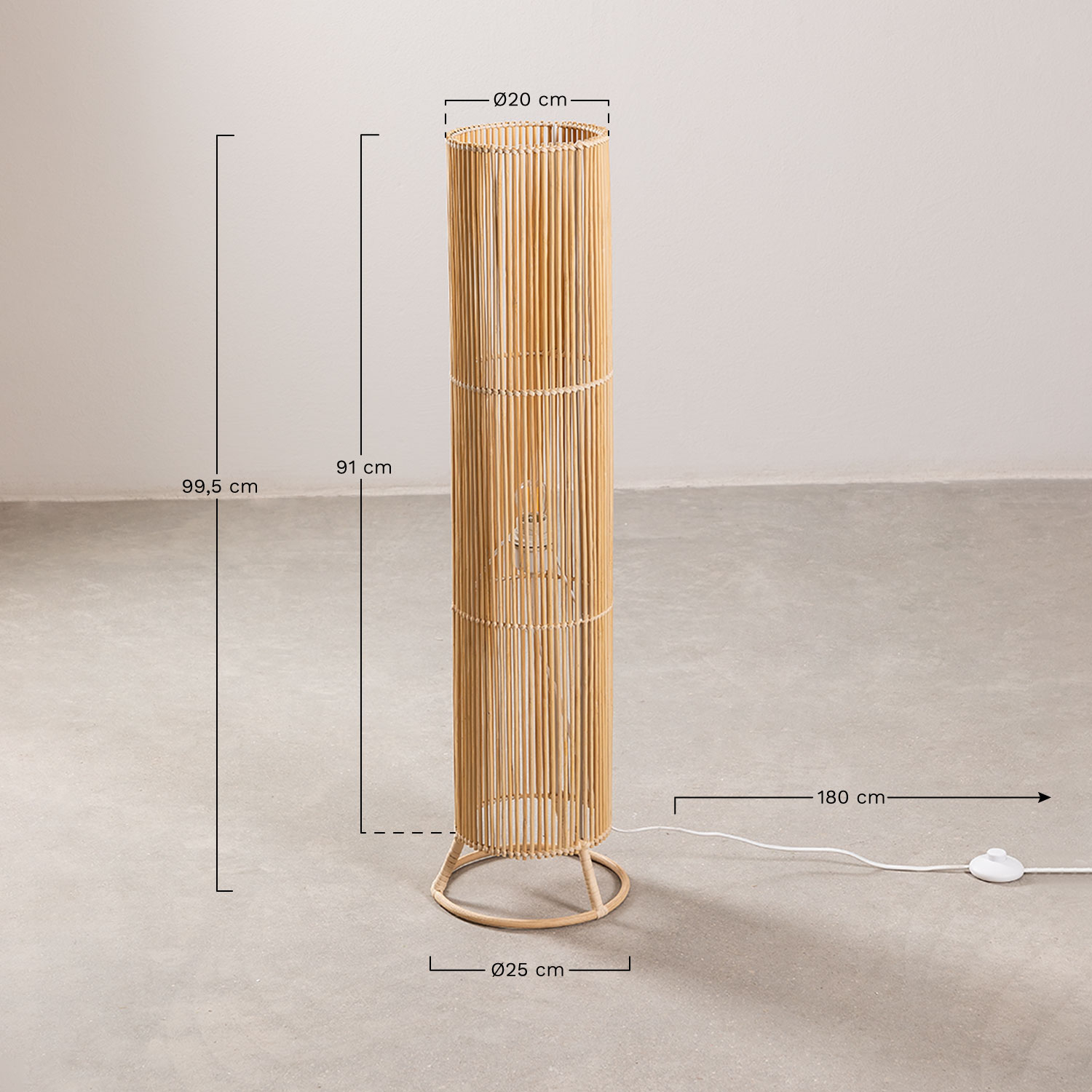 Rotan vloerlamp Nuwas , AFMETINGEN