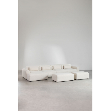Modulaire Bank Met Linker Chaise Longue, 4-delig Met 2 Poefs In Teddystof Borjan Chenille White - Sklum
