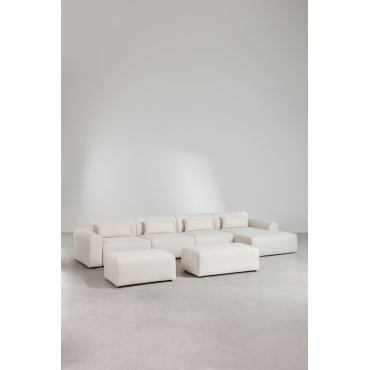 Modulaire Bank Met Chaise Longue Rechts, 4-delig, 2 Poefs In Teddystof Borjan Chenille White - Sklum