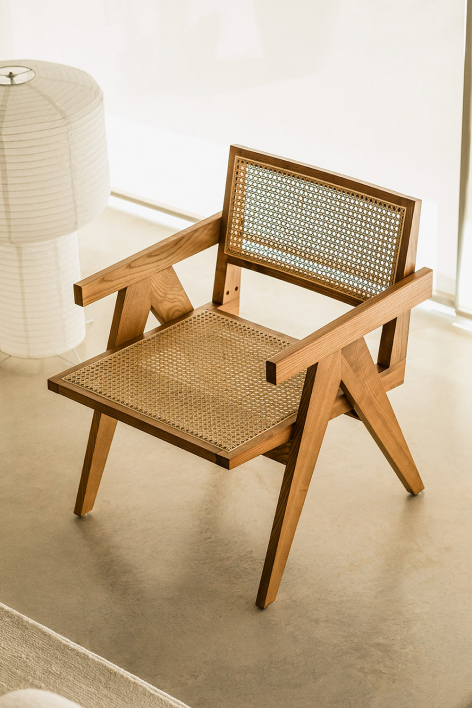 Lali fauteuil met armleuningen in essenhout en rotan