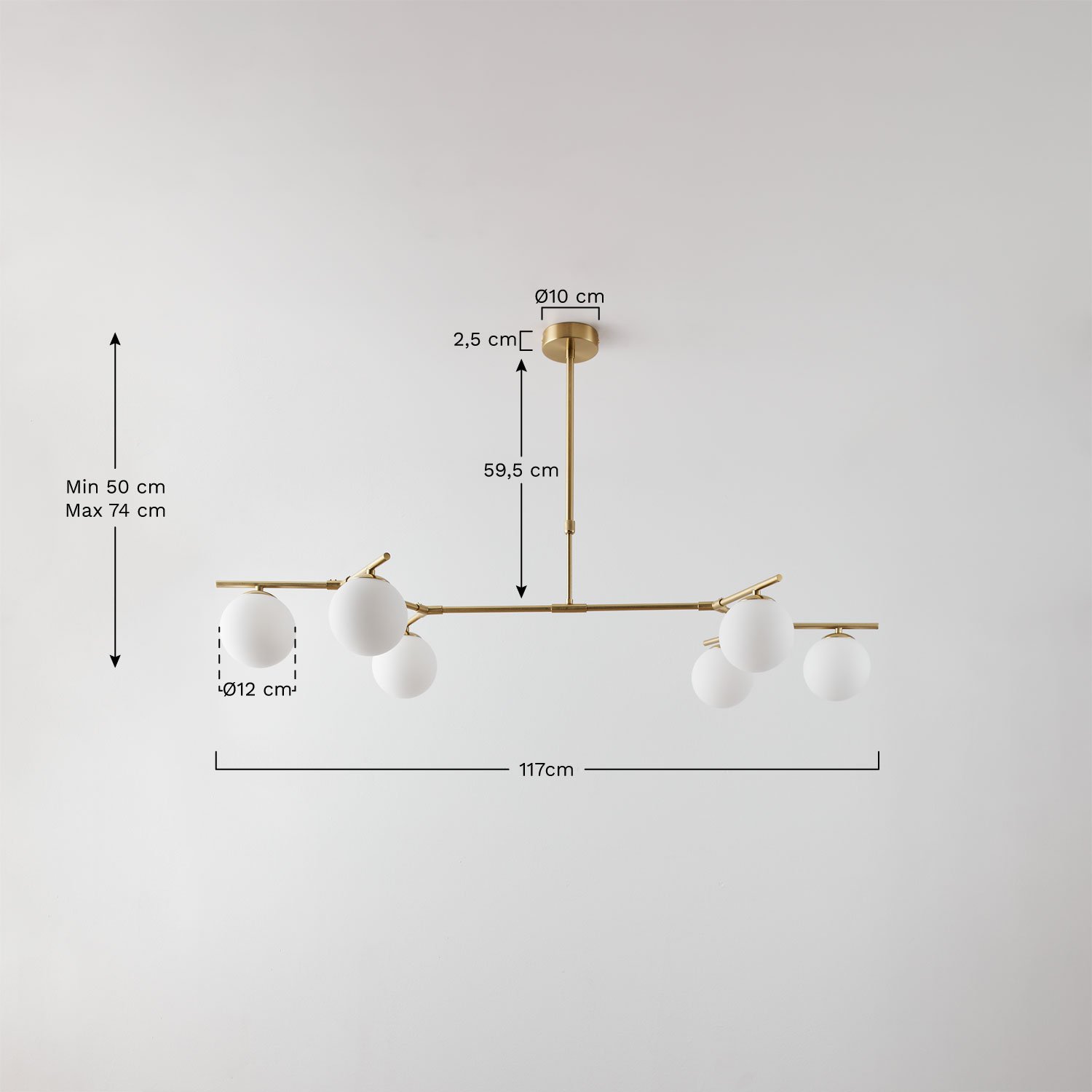 Plafondlamp met 6 glazen slingerbollen, AFMETINGEN