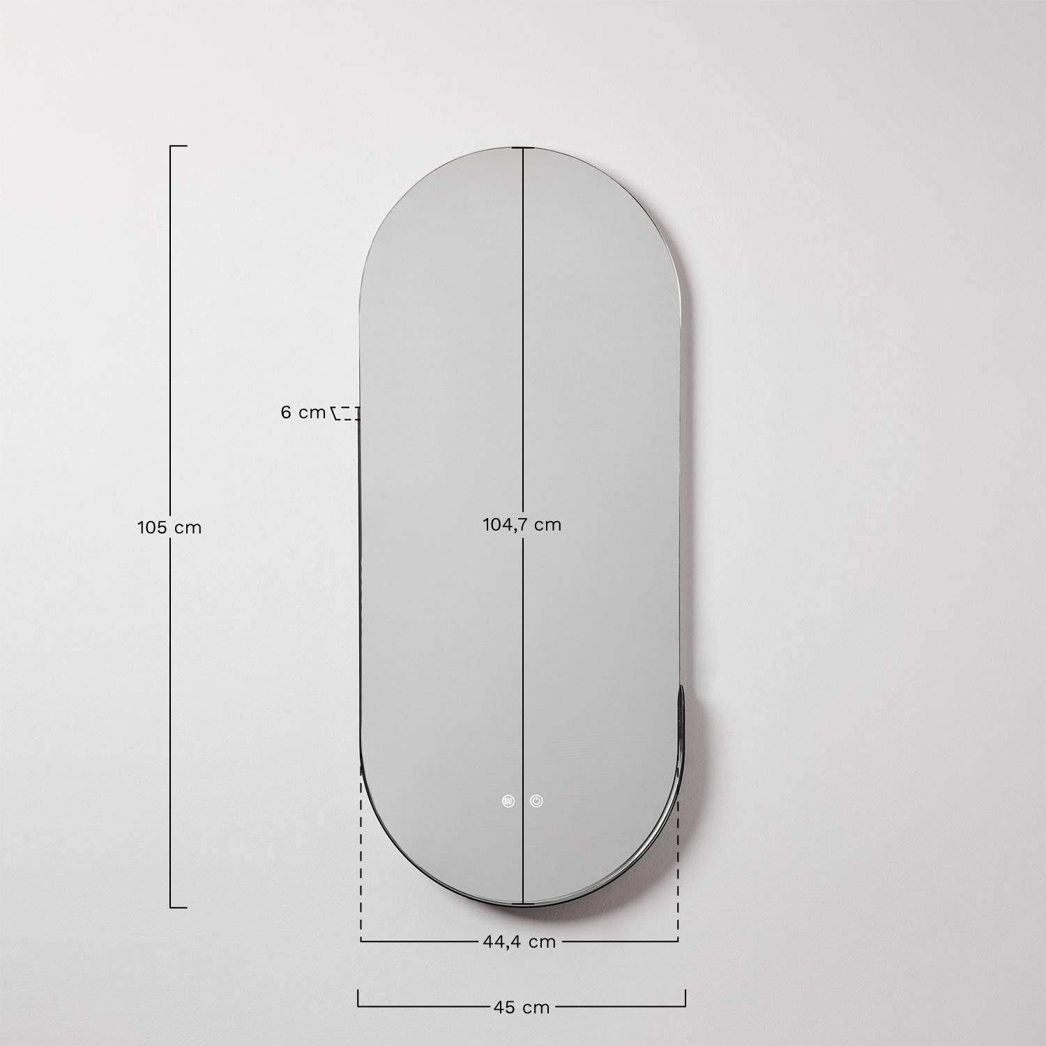 Ovaal wandspiegel 45x105 cm voor badkamer met LED-licht en anti-condens Vacson, AFMETINGEN