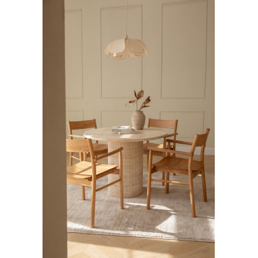 Velia Ronde Tafelset In Travertijnlook Cement (ø100 Cm) En 4 Mara Signature Eikenhouten Eetkamerstoelen Travertine - Sklum