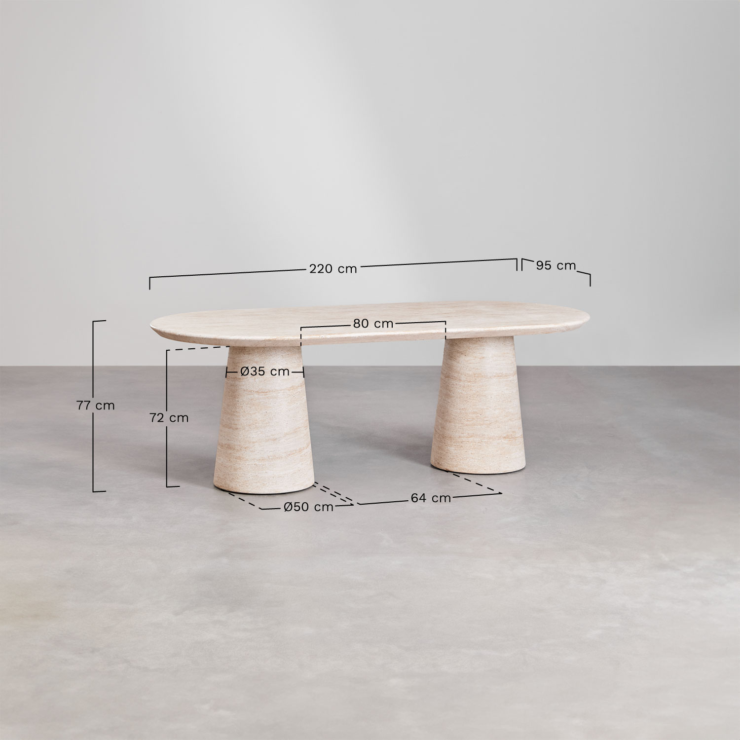 Ovale tafelset 220x95 cm in cement look travertin Noemi en 8 eetkamerstoelen in eikenhout Mara Signature, AFMETINGEN