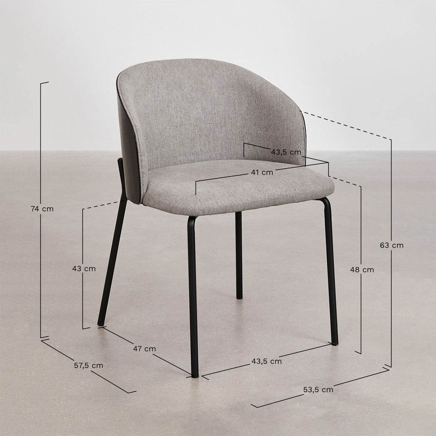 Ronde tafelset Ø120 cm in cement Noemi en 6 eetkamerstoelen in hout gestoffeerd Amieva, AFMETINGEN