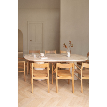 Noemi Ovale Tafelset In Travertijnlook Cement (220x95 Cm) En 8 Mara Signature Eikenhouten Eetkamerstoelen Travertine - Sklum