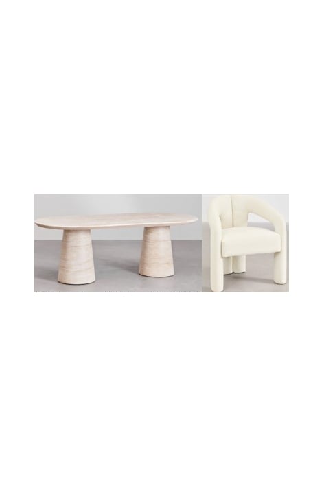 Noemi ovale tafelset van cement met travertijnlook, 220x95 cm, en 8 Greca bouclé stoffen eetkamerstoelen.