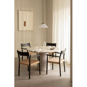 [*] Ronde Betontafelset (ø120 Cm) Noemi En 4 Eetkamerstoelen Van Eikenhout En Gevlochten Touw Mara Zand Grijs - Sklum