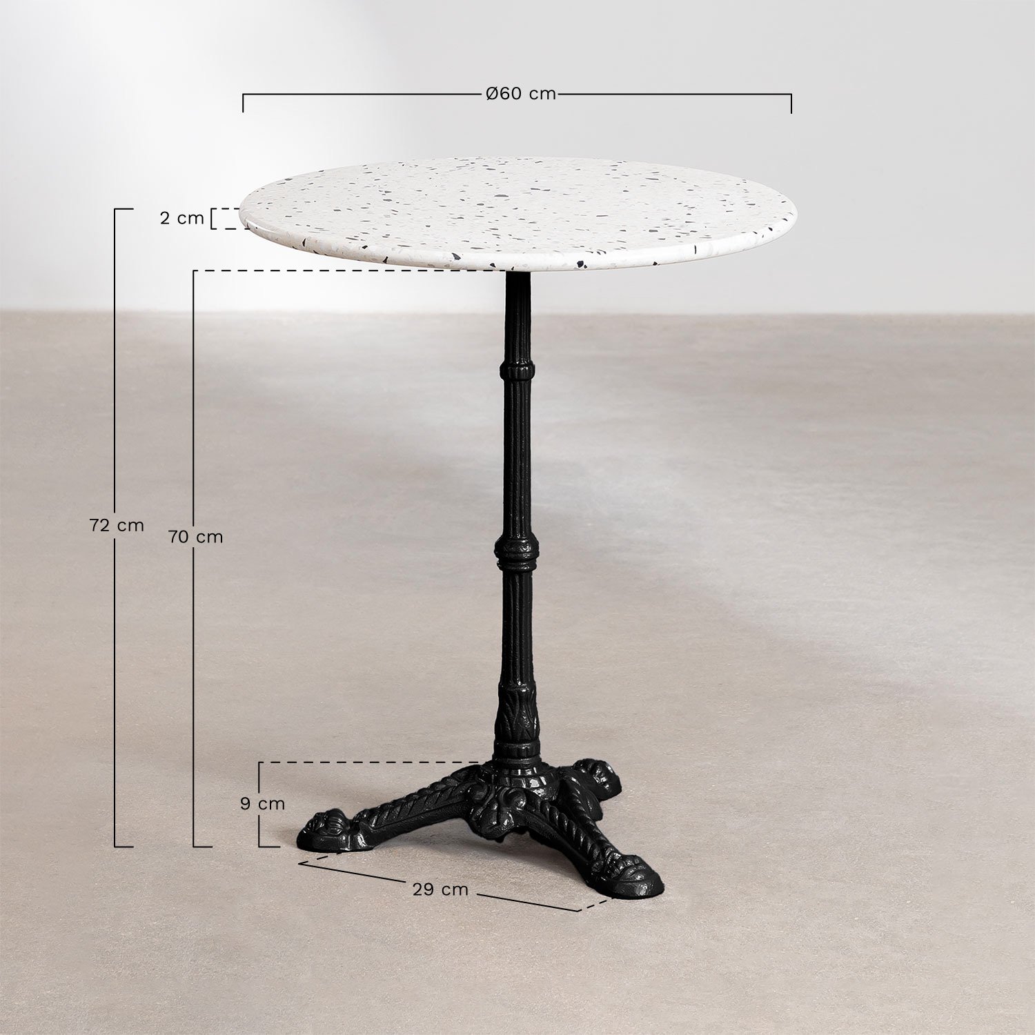 Vertuo terrazzo bartafel, AFMETINGEN