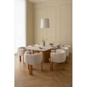 Rechthoekige Tafelset Met Keramisch Fineer (200x100 Cm) Aura En 8 Eetkamerstoelen In Essenhout En Leo Bouclé Stof Keramiek - Sklum