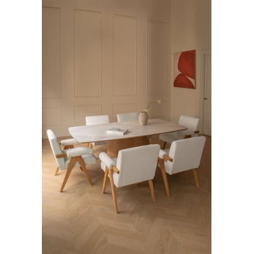 Rechthoekige Tafelset 200x100 Cm Met Aura Keramisch Fineer En 6 Eetkamerstoelen In Hout En Bouclé Stof Lucca Keramiek - Sklum