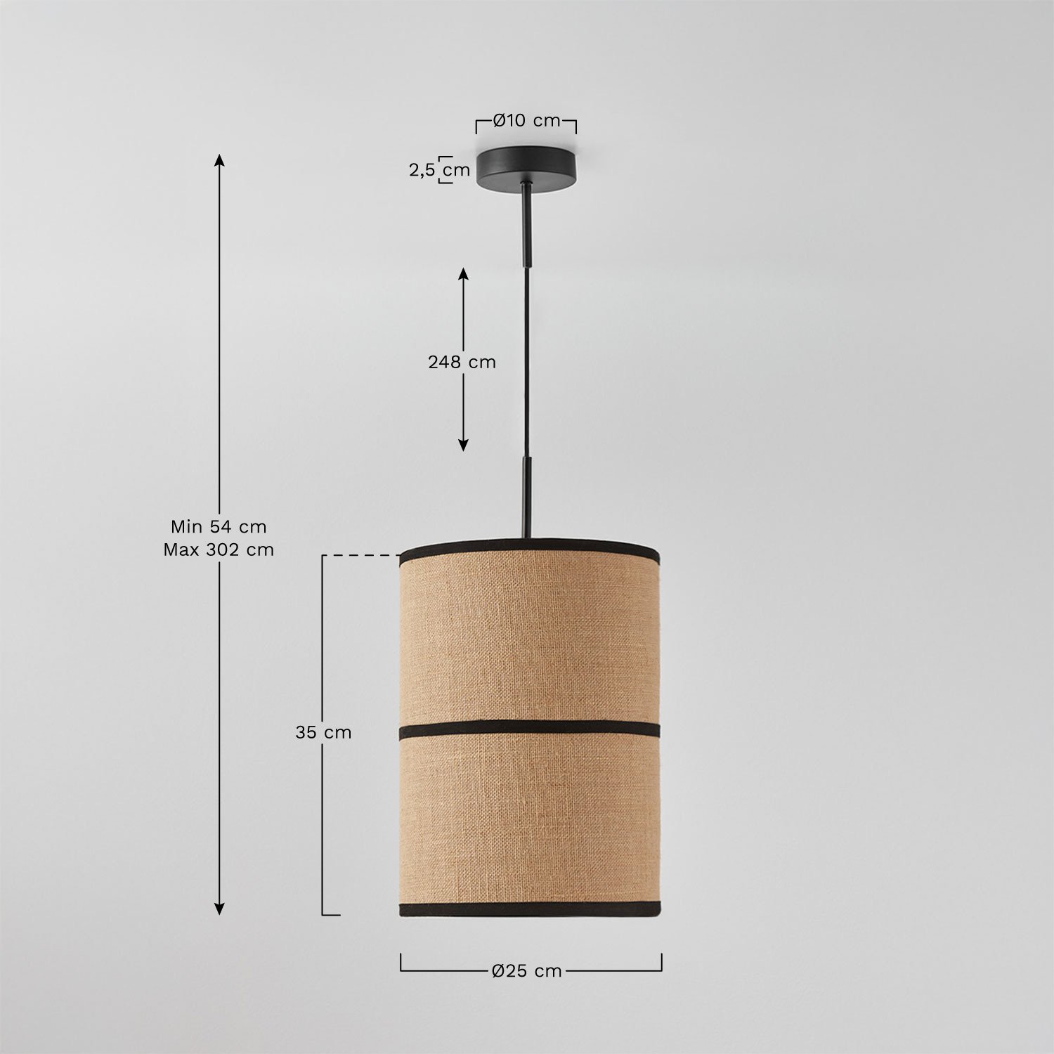 Hanglamp van jute en katoen Olinda, AFMETINGEN