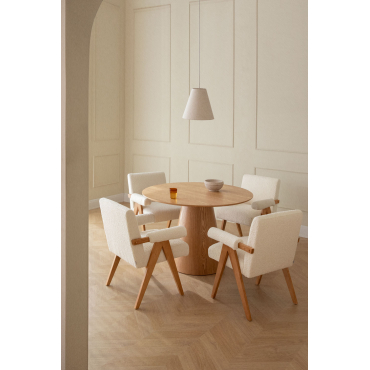 Ronde Tafelset Ø120 Cm In Essenfineer Aura En 4 Eetkamerstoelen In Hout En Bouclé Stof Lucca Essenfineer - Sklum