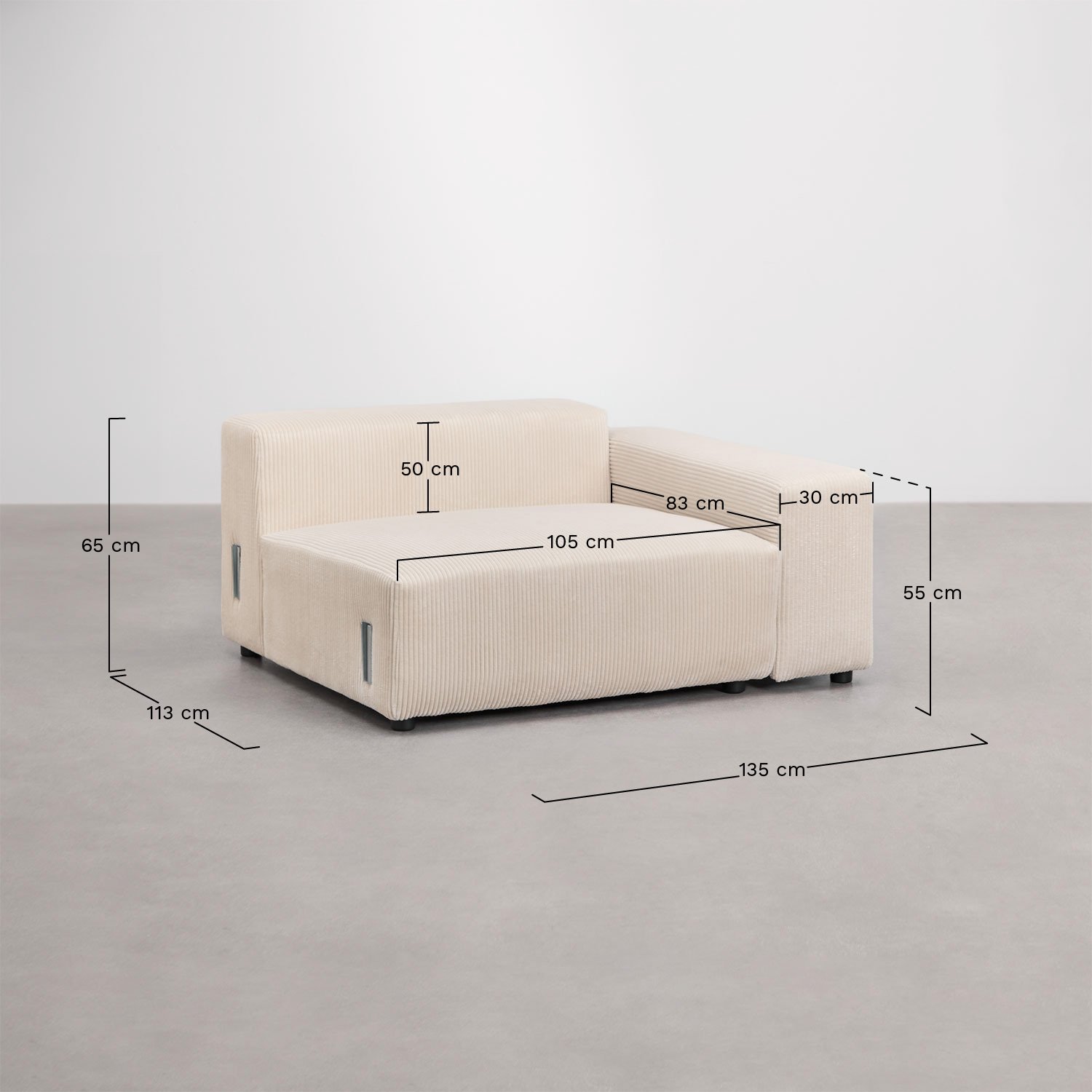 Rechter hoekmodule 135x113 cm met lage armleuning voor modulaire bank Bruna, AFMETINGEN