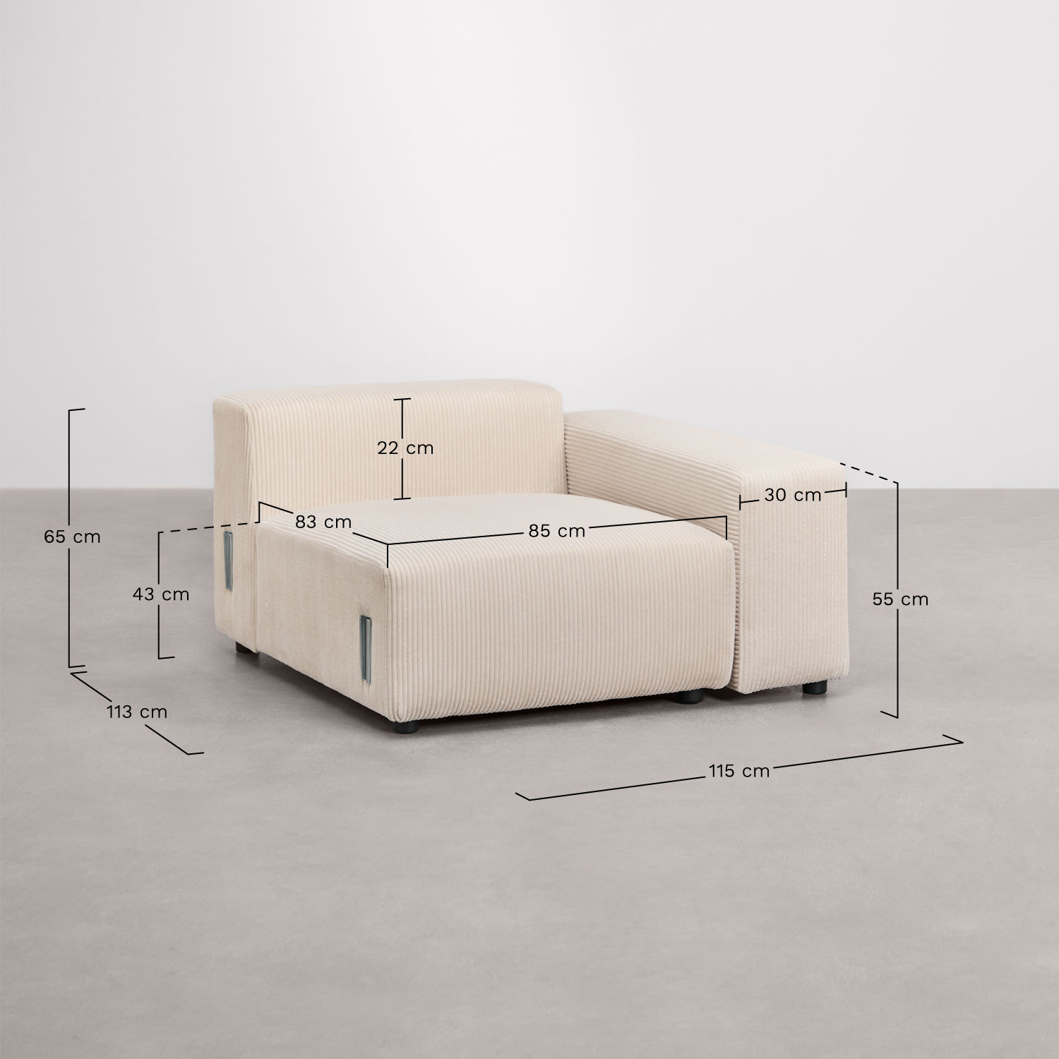 Rechter hoekmodule 115x113 cm met lage armleuning voor modulaire bank Bruna, AFMETINGEN