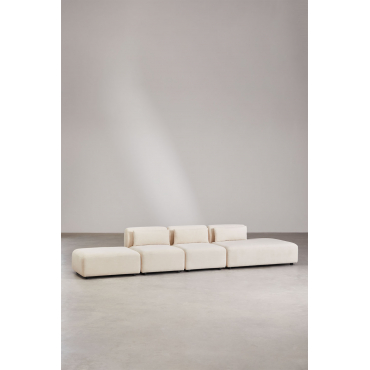 3-delige Modulaire Bank Met Chaise Longue Rechts En Fogler Poef Corduroy Beige – Linnen - Sklum