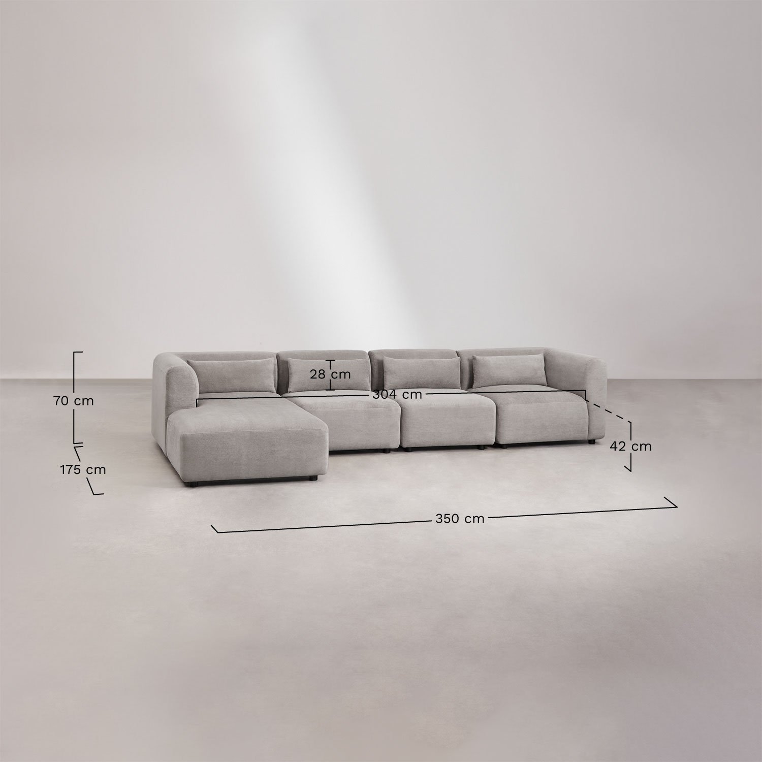 4-delige modulaire bank met chaise longue links en Fogler fauteuil, AFMETINGEN