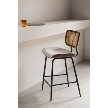 Hoge Kruk In Hout, Rotan En Kunstleer Raysa Donker Hout & ↑65 Cm & Kunstleren Gebroken Wit - Sklum