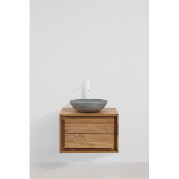 Jabari Teakhouten Badkamermeubelset Teakhout & Rond Grijs Cement Ø40 Cm Tarsis & Spiegelloze & Wit ↑30 Cm Met Aftapkraan Zonder Overloop Orveta -