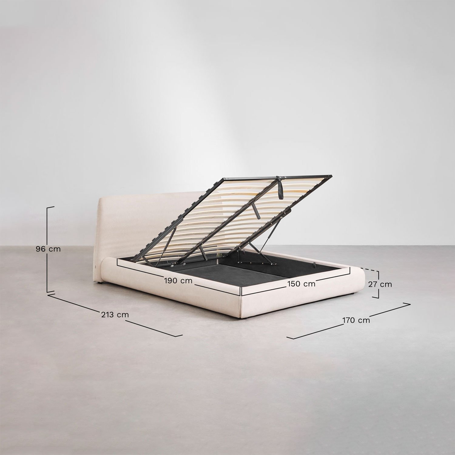 Gestoffeerd bed met opklapbare boxspring Norena, AFMETINGEN