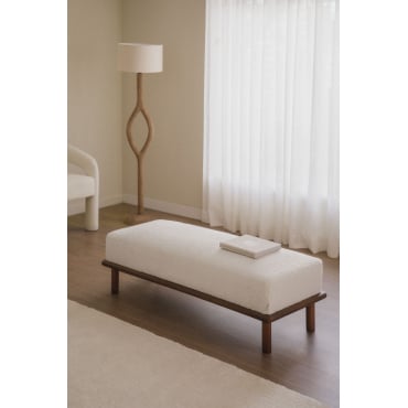 Bank In Rubberhout En Veral-stof ↔︎ 140 Cm & Uit Witte Bouclé Stof - Sklum
