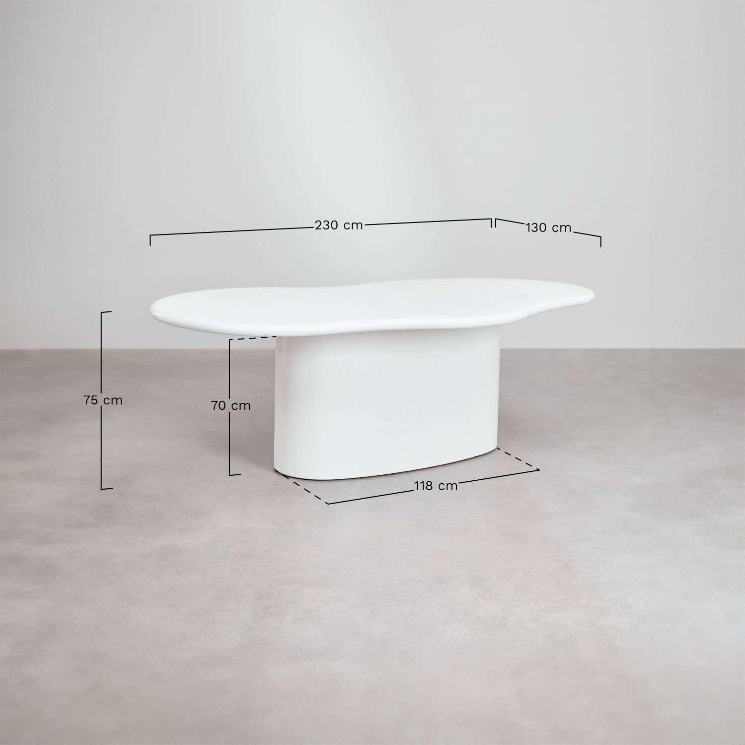 Ovale eettafel 230x130 cm in beton Vaduz, AFMETINGEN