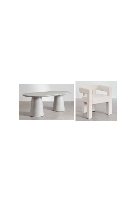 Set van ovale tafel 220x95 cm in cement Noemi en 8 eetkamerstoelen met armleuningen bekleed Liara - Bouclé Wit