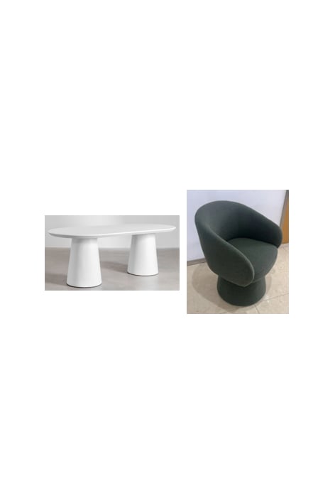 Set van ovale tafel 220x95 cm in cement Noemi en 8 eetkamerstoelen in bouclé stof Flavian