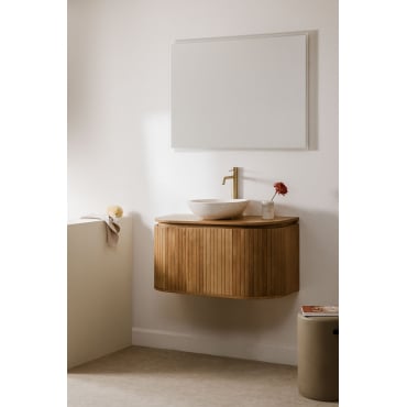 Analis Zwevend Badkamermeubelset Van Mangohout Natuurlijk Hout & Rond Cement Wit Ø40 Cm Zavion & Rechthoekige Led En Anticondens 100x70 Cm Riben -