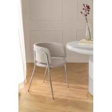 Set Van 4 Nalon Gestoffeerde Eetkamerstoelen Grijs – Chroom & Stof Gebroken Wit - Sklum