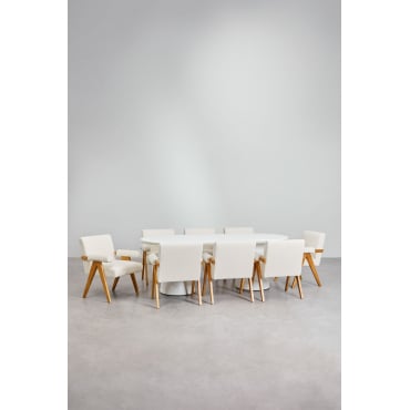 Set Van Ovale Tafel 220x95 Cm In Cement Noemi En 8 Eetkamerstoelen In Hout En Bouclé Stof Lucca Wit - Sklum