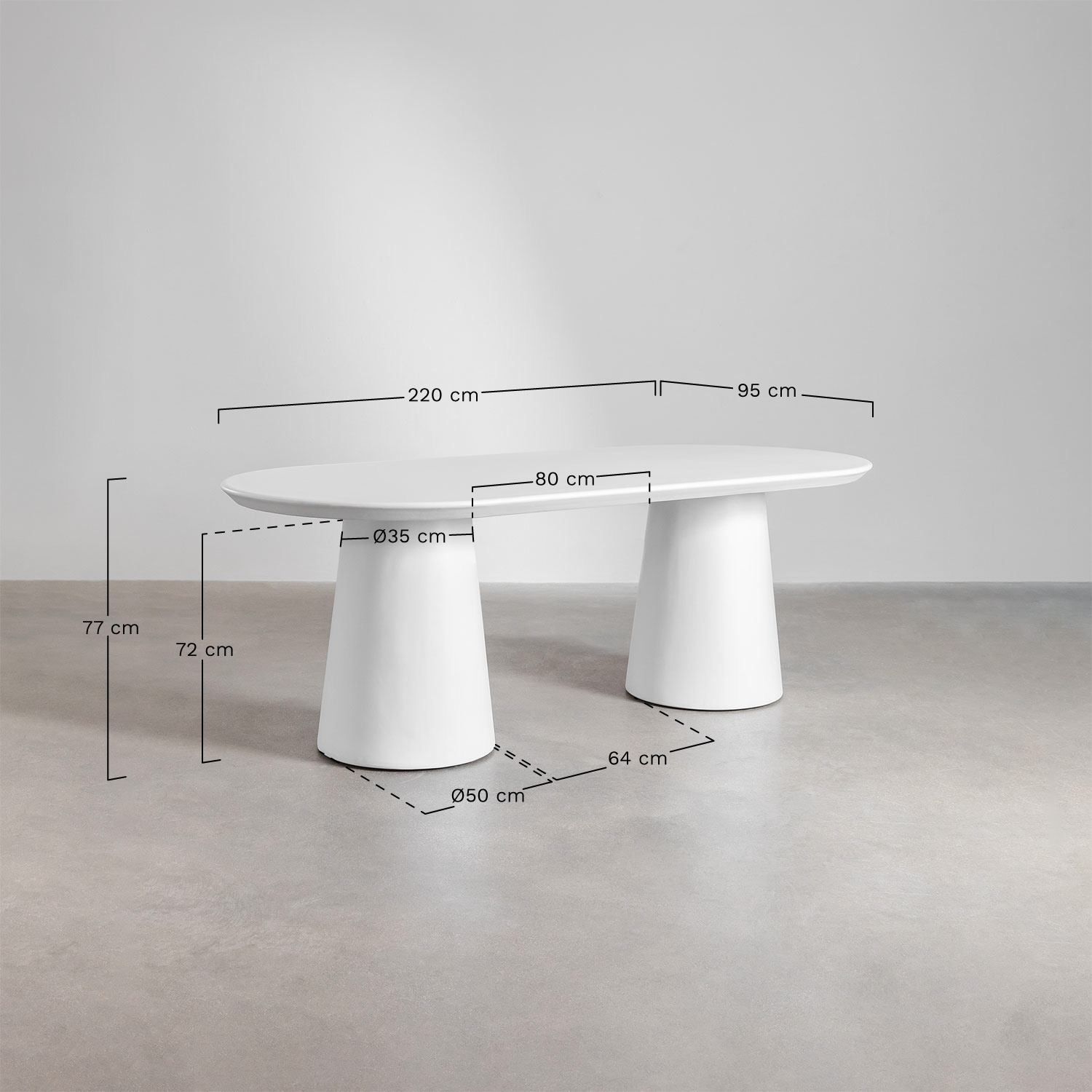 Set van ovale tafel 220x95 cm in cement Noemi en 8 eetkamerstoelen in hout en bouclé stof Lucca, AFMETINGEN