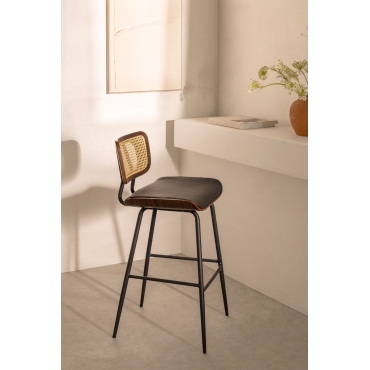 Hoge Kruk In Hout, Rotan En Kunstleer Raysa Donker Hout & ↑75 Cm & Kunstleren Zwart - Sklum