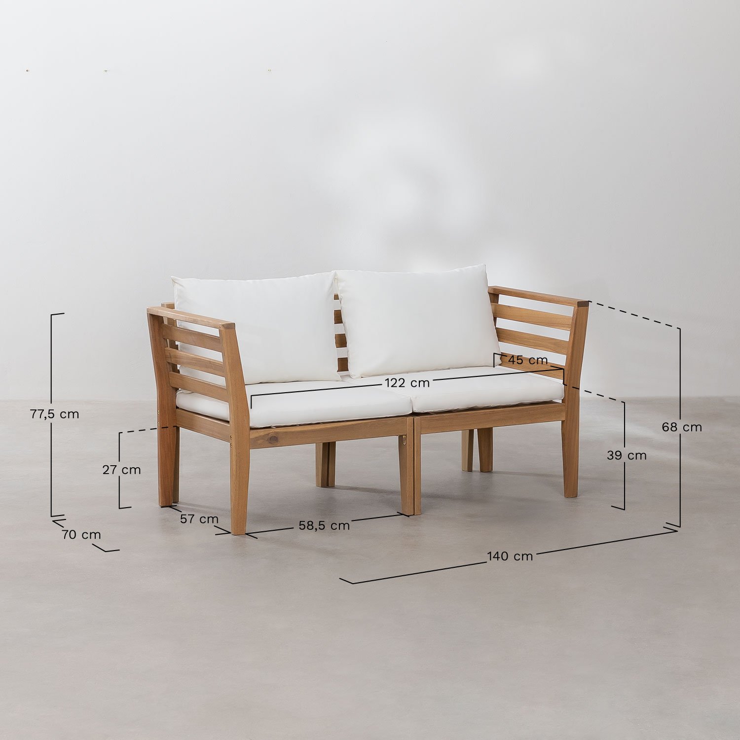 Tuinset met 4-delige modulaire bank met armleuningen en salontafel in Filips acaciahout        , AFMETINGEN