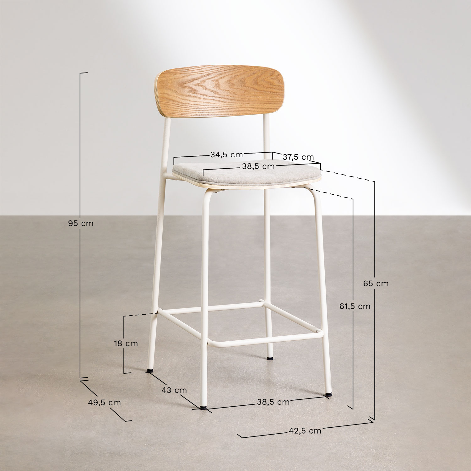 Set van 2 stapelbare hoge krukken 65cm in ijzer en hout Wilpier, AFMETINGEN