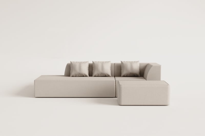 2-delige modulaire hoekbank met linkerchaise longue en poef in bouclé stof Cardea