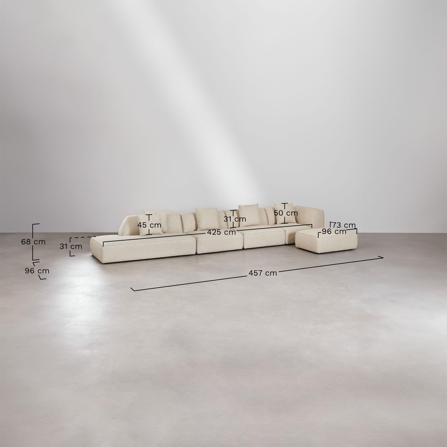 Cardea 4-delige modulaire hoekbank met chaise longue links en gestoffeerde poef, AFMETINGEN