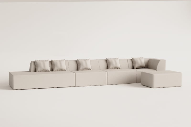 4-delige modulaire hoekbank met chaise longue en poef links in Cardea bouclé stof