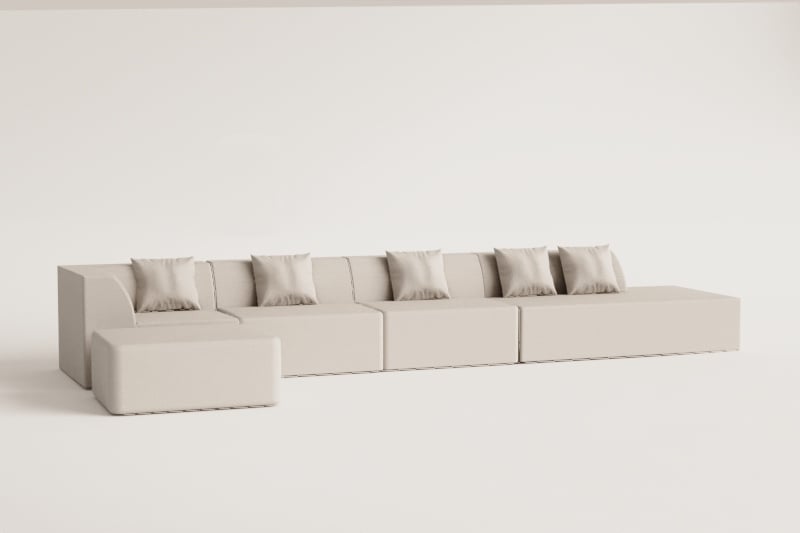 4-delige modulaire hoekbank met chaise longue en poef rechts in Cardea bouclé stof