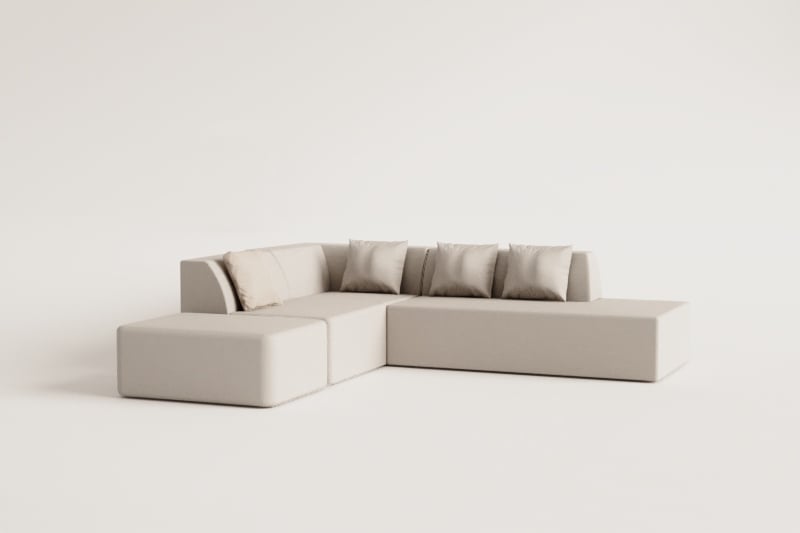 3-delige modulaire hoekbank met chaise longue en poef rechts in boucléstof Cardea