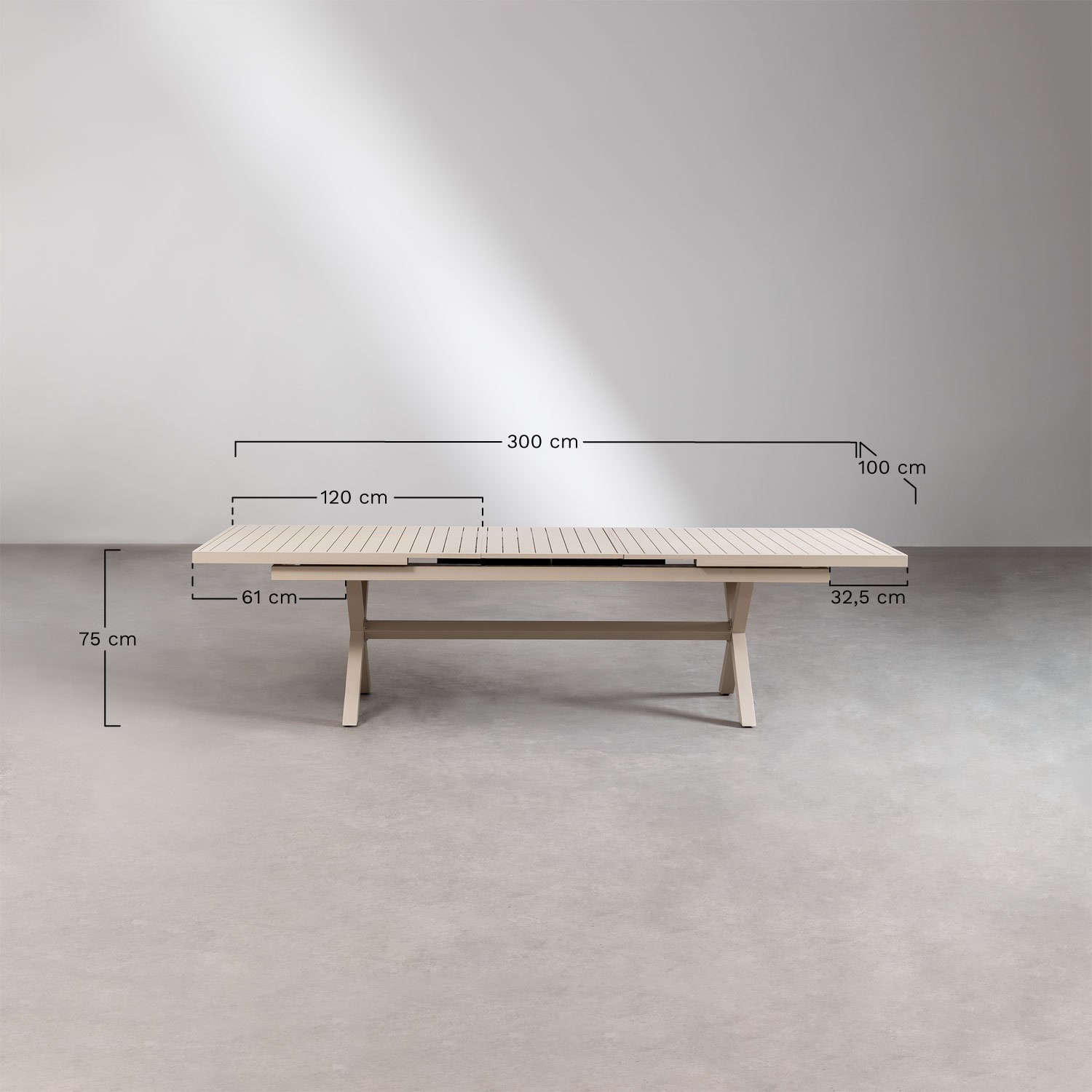 Uitschuifbare rechthoekige eettafel 240-300x100 cm en 10 stapelbare tuinstoelen met armleuningen van aluminium Karena, AFMETINGEN