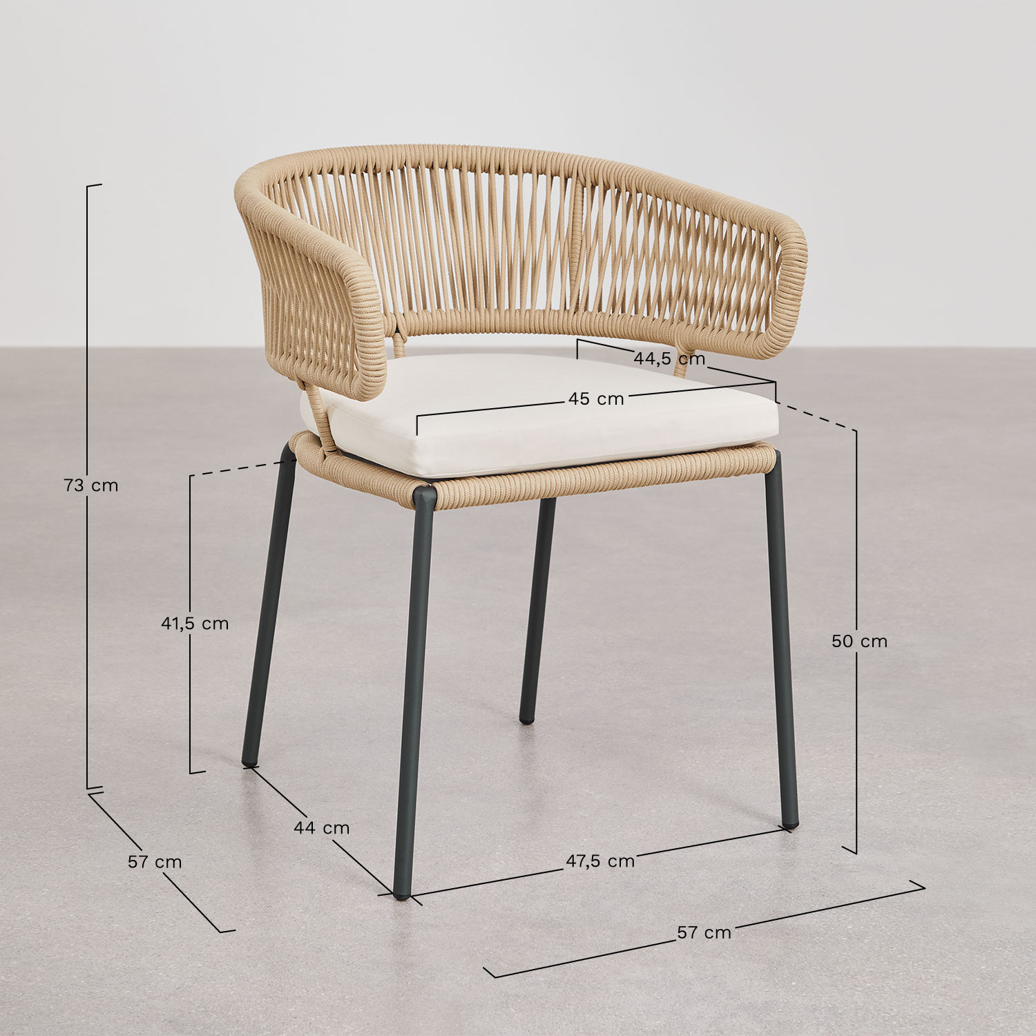 Set van 4 tuinstoelen in ijzer en gevlochten touw Calipso, AFMETINGEN