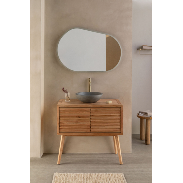 Deleyna Houten Badkamermeubelset Natuurlijk Hout & Rond Grijs Cement Ø40 Cm Tarsis & Ovaal Led En Anticondens 100x65 Cm Meunier & Goud - Sklum