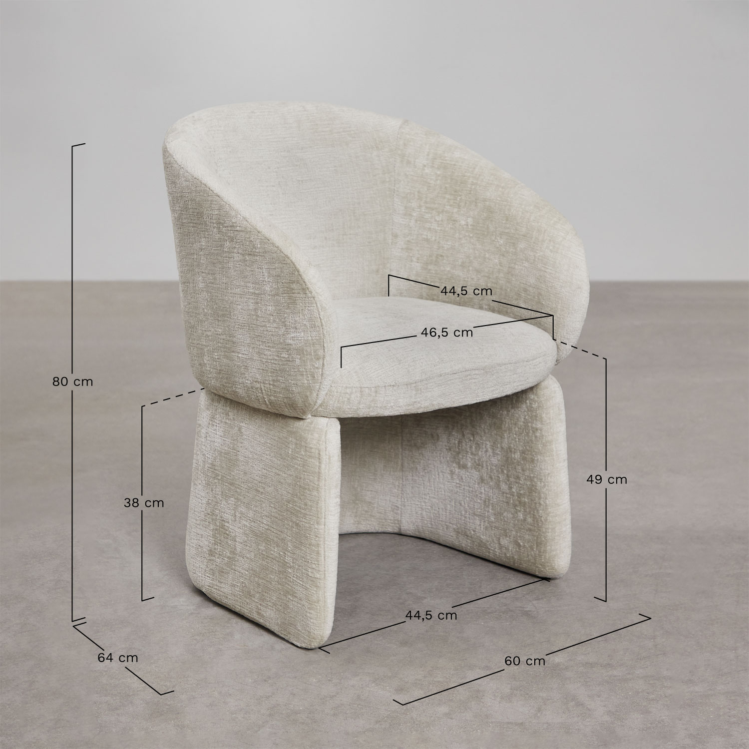 Vasilis chenille fauteuil, AFMETINGEN