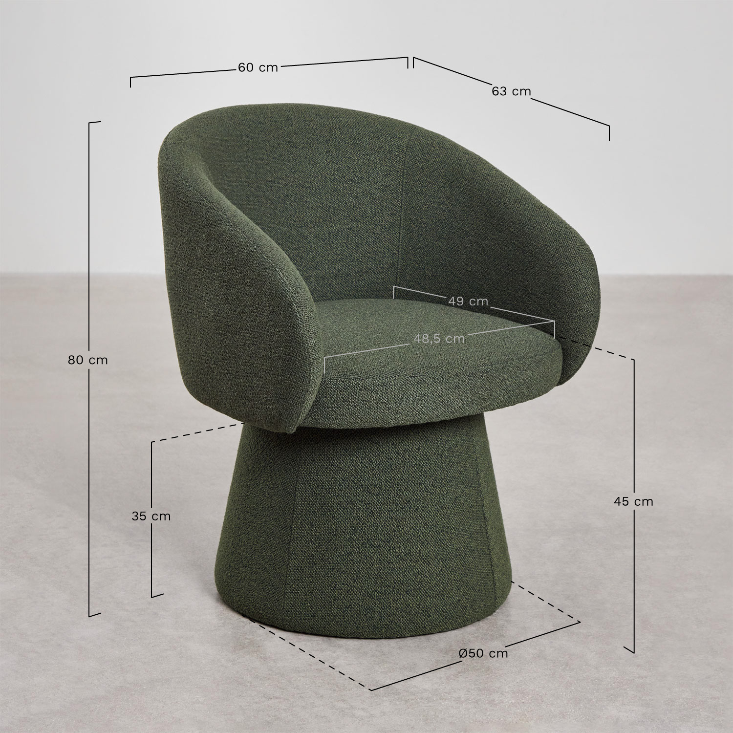 Set van 2 Flavian gestoffeerde draaifauteuils, AFMETINGEN