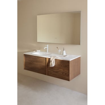 Solea Houten Badkamermeubelset Met Geïntegreerde Wastafel Natuurlijk Hout & Spiegelloze & Chroom ↑20 Cm Met Overloop Aftapventiel Orveta - Sklum